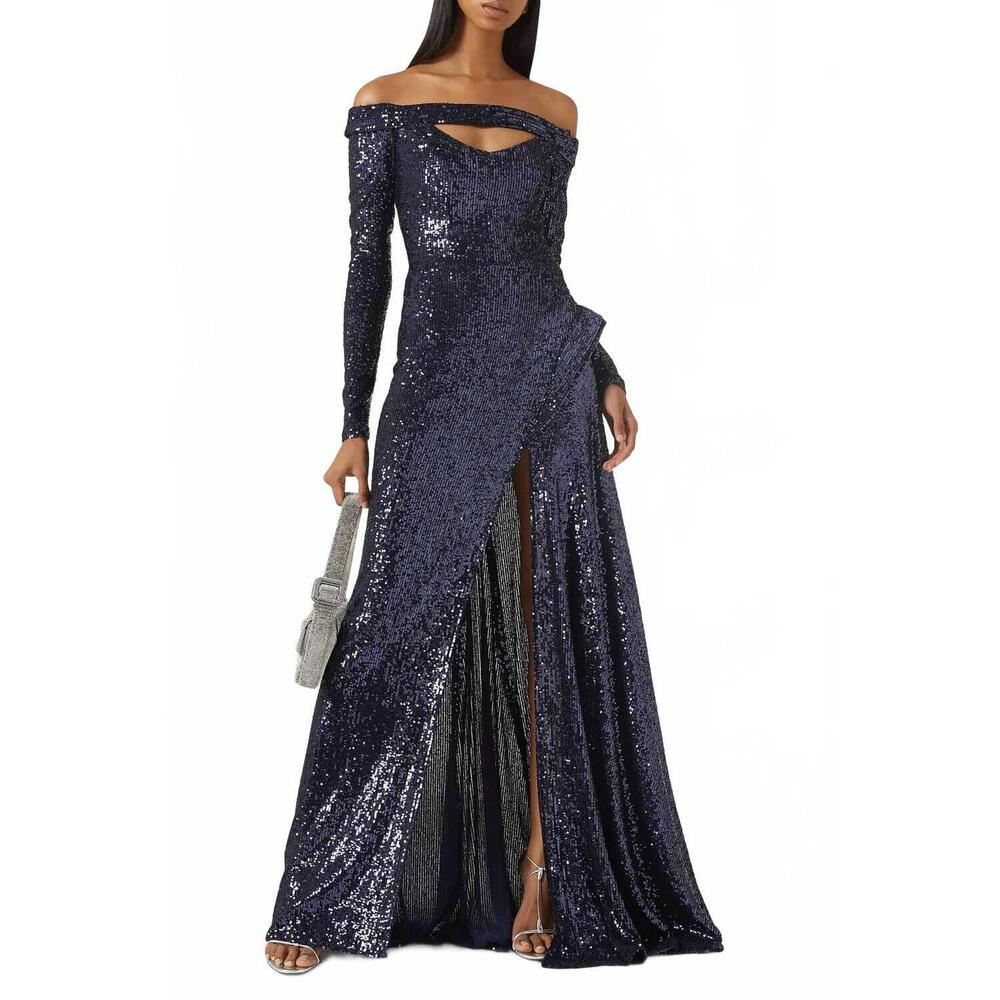 NEW NICOLE BAKTI off-shoulder long sleeve gown in royal